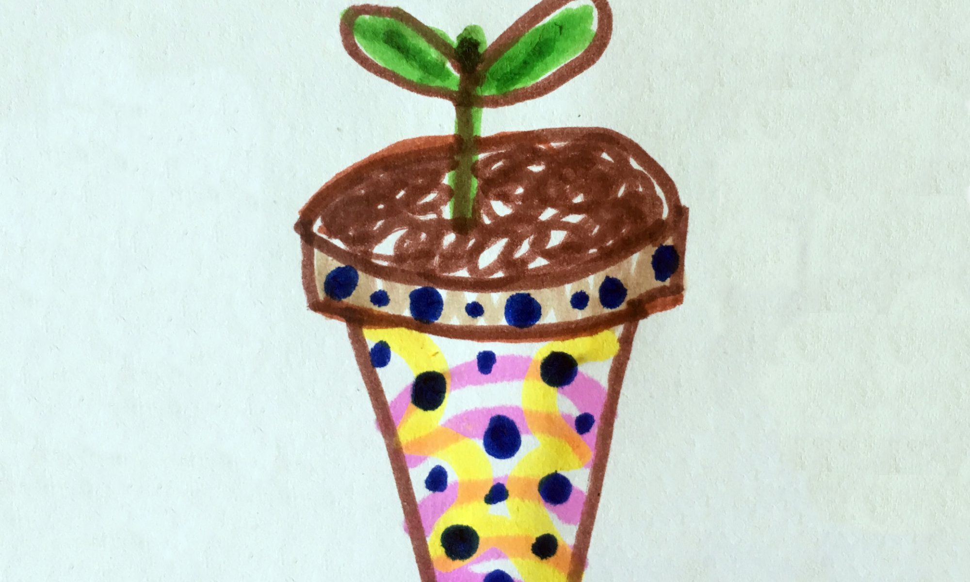 Drawing of a tiny seedling growing in a colourful painted pot.