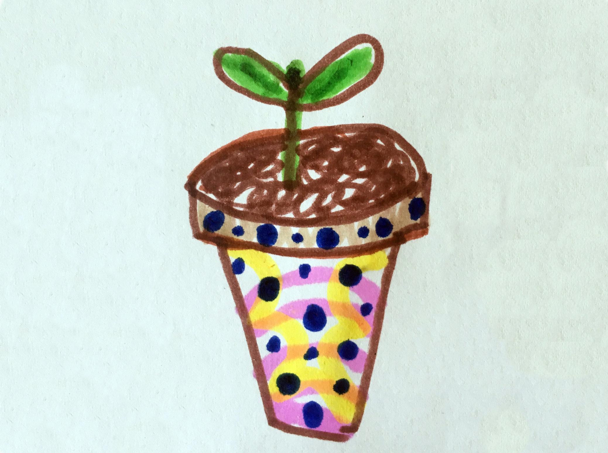 Drawing of a tiny seedling growing in a colourful painted pot.